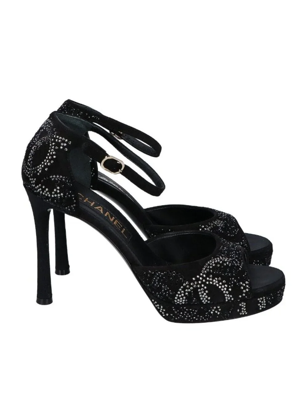 Chanel Suede Leather CC Logo Rhinestone Sandals 37c